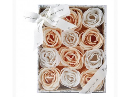Scatola da 12 rose con petali di sapone bianco e rosa Mathilde M